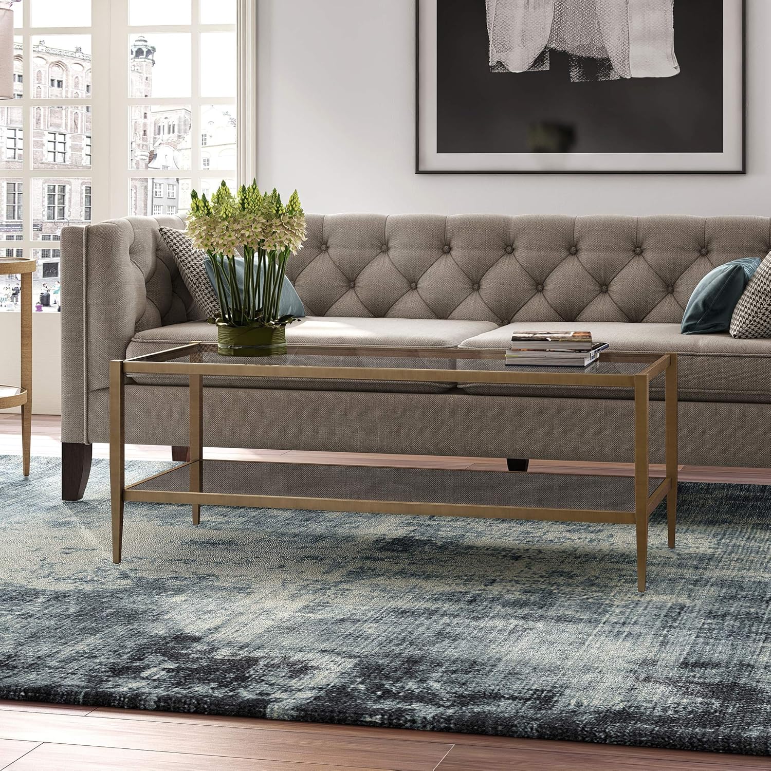 Henn&Hart 45" Wide Rectangular Coffee Table with Mirror Shelf in Brass, Coffee Table coffee tables for living room, studio apartment essentials
