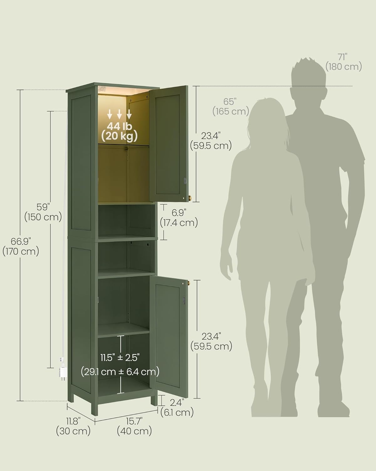 VASAGLE Tall Bathroom Cabinet with Lights, Slim Freestanding Bathroom Storage Cabinet with Adjustable Shelves, for Small Spaces, Modern, 15.7 Inches Wide, Forest Green UBBC766C01