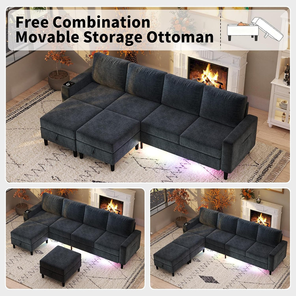 Sectional Couches for Living Room, 6 Seat Chenille Sectional Sofa with Smart Module-Wireless Charging/USB/Type-C/RGB Light, U Shaped Couch with 2 Movable Storage Ottomans (Dark Grey)