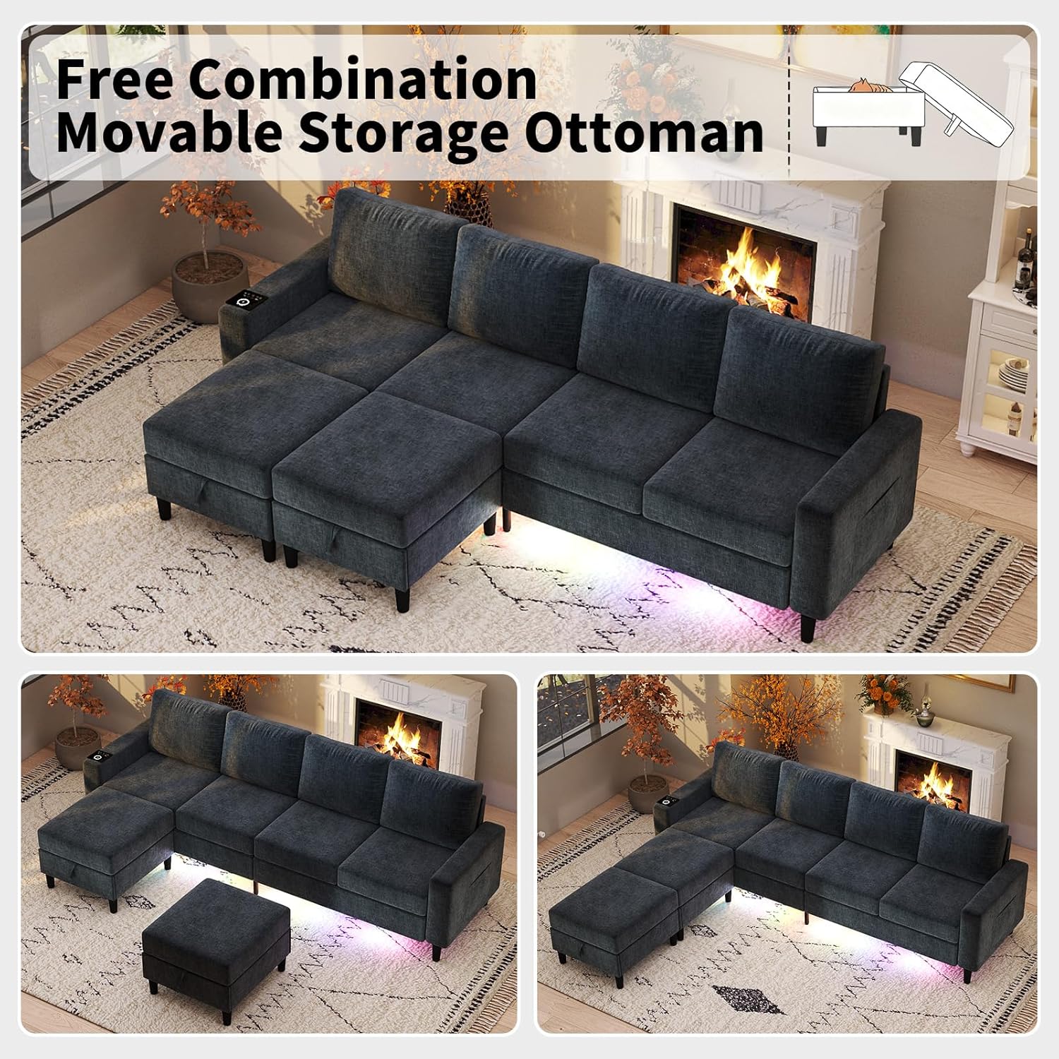 Sectional Couches for Living Room, 6 Seat Chenille Sectional Sofa with Smart Module-Wireless Charging/USB/Type-C/RGB Light, U Shaped Couch with 2 Movable Storage Ottomans (Dark Grey)