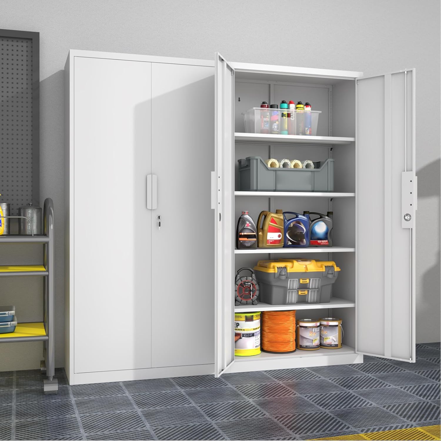 Metal Garage Storage Cabinet with Lock, 71" Tall Steel Storage Locker with 4 Adjustable Shelves, Heavy Duty Metal Cabinet for Garage, Office, Home, 31.5”W × 16.5”D, White