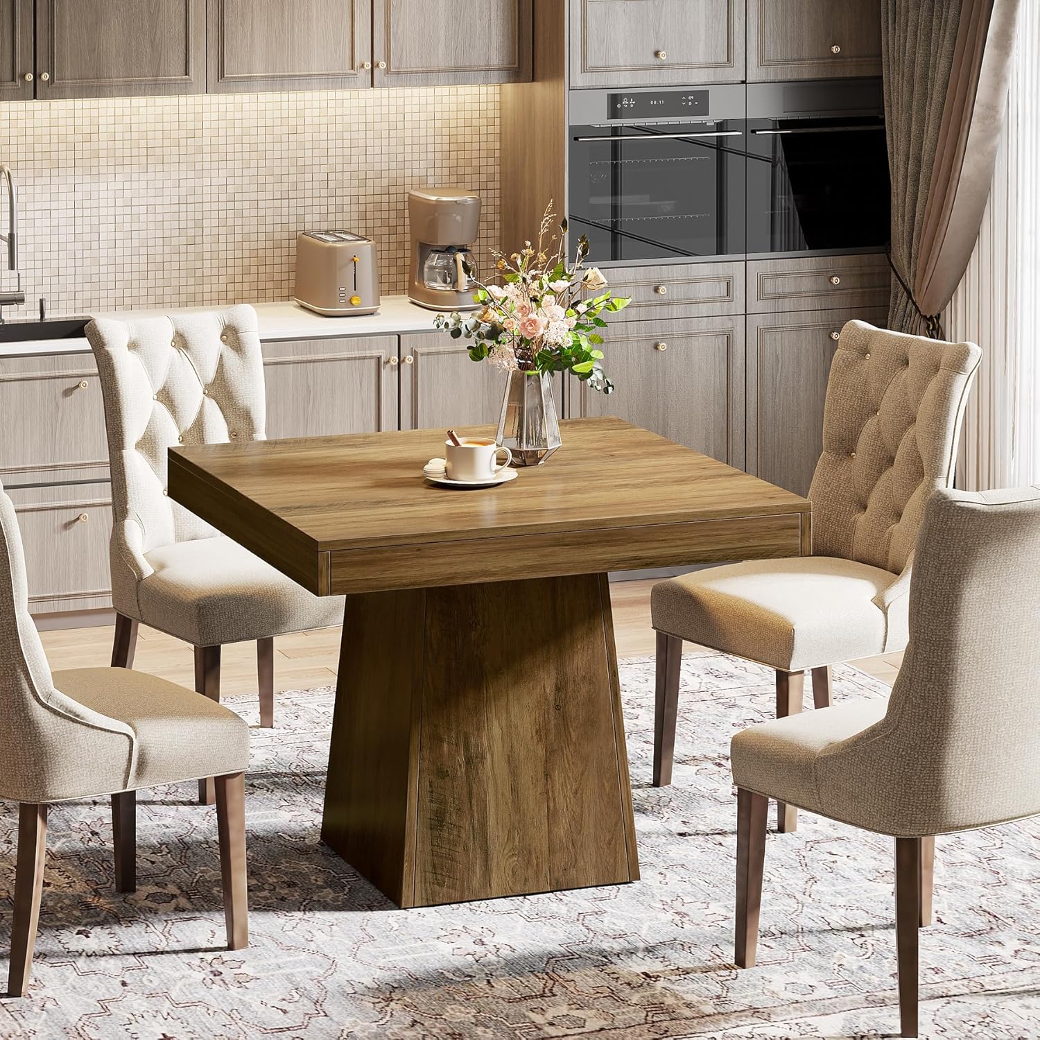 Tribesigns Square Dining Table for 4, 31.5-Inch Small Kitchen Table with Sturdy Pedestal Base, Farmhouse Dinner Table for Dining Room, Living Room, Kitchen, Brown