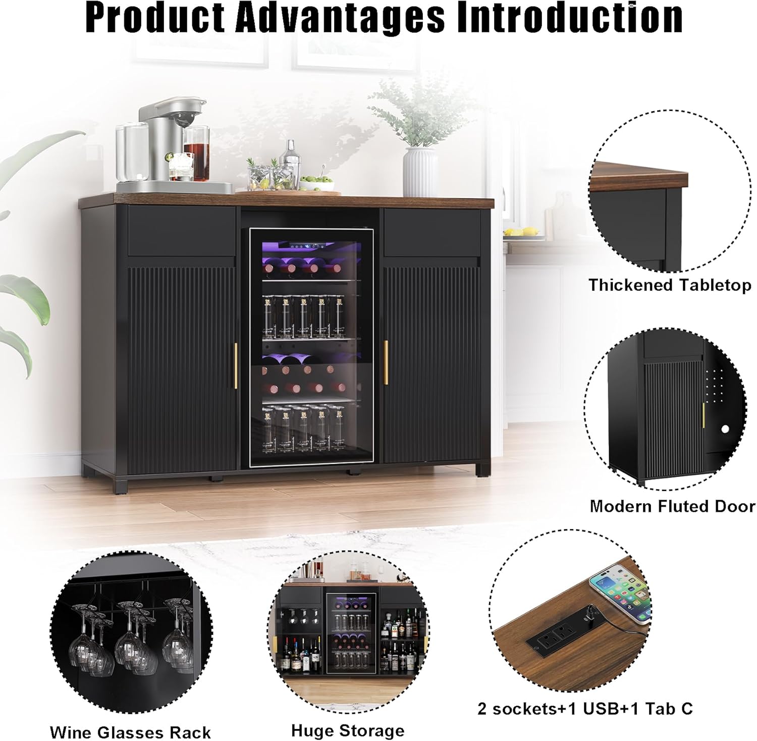 GDLF Large Coffee Bar Cabinet with Fridge Space, Mini Fridge Cabinet with Wine Storage, Buffet Sideboard Table for Home, Fluted Modern Design,53.2" L
