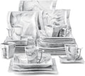 MALACASA Plates and Bowls Sets, 30 Piece Porcelain Dinnerware Sets for 6, Square Dinnerware Set with Dinner Plate, Dessert Plate, Soup Plate, Cup and Saucer, Modern Dish Set, Marble Grey, Series Flora