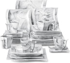 MALACASA Plates and Bowls Sets, 30 Piece Porcelain Dinnerware Sets for 6, Square Dinnerware Set with Dinner Plate, Dessert Plate, Soup Plate, Cup and Saucer, Modern Dish Set, Marble Grey, Series Flora