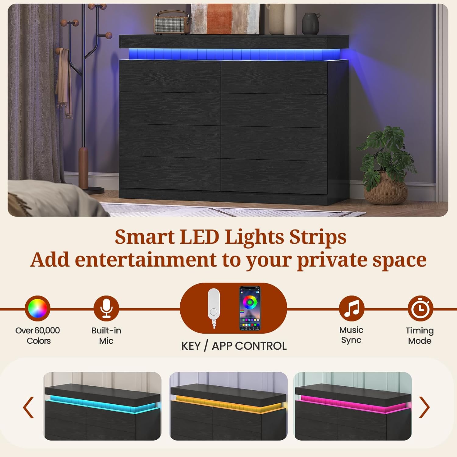 Tall Black 8 Dresser for Bedroom, Sliding Top Storage Space, Modern Wood Drawers with LED Light and Power Outlet, Large Chest of Drawer for Living Room, Hallway, Entryway (8 Drawers,Black)