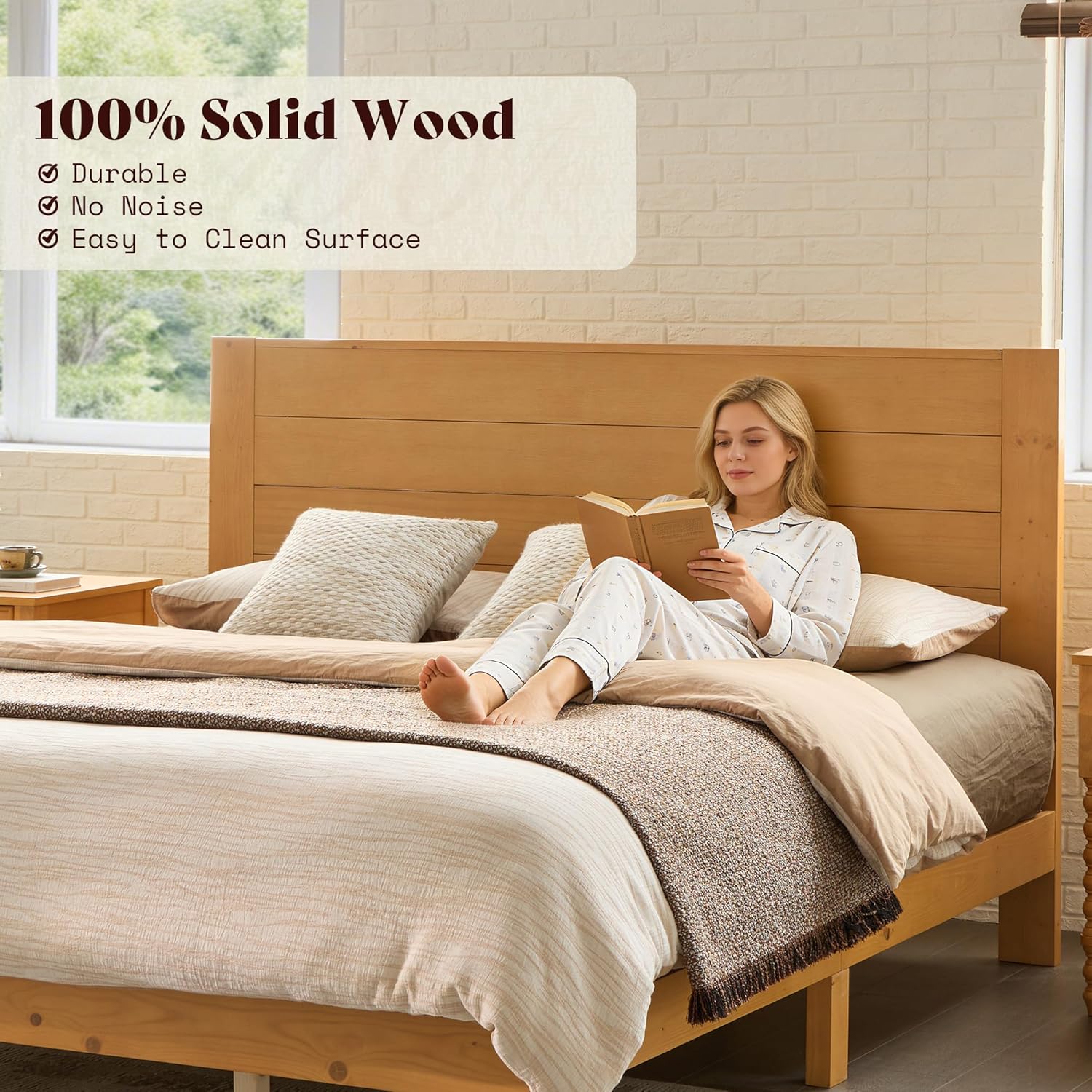 AMERLIFE Full Sizes Solid Wood Bed Frame with 48" Headboard, Mid Century Modern Platform Bed with Silent Wood Slat System, No Box Spring Needed, Under-Bed Storage, Natural