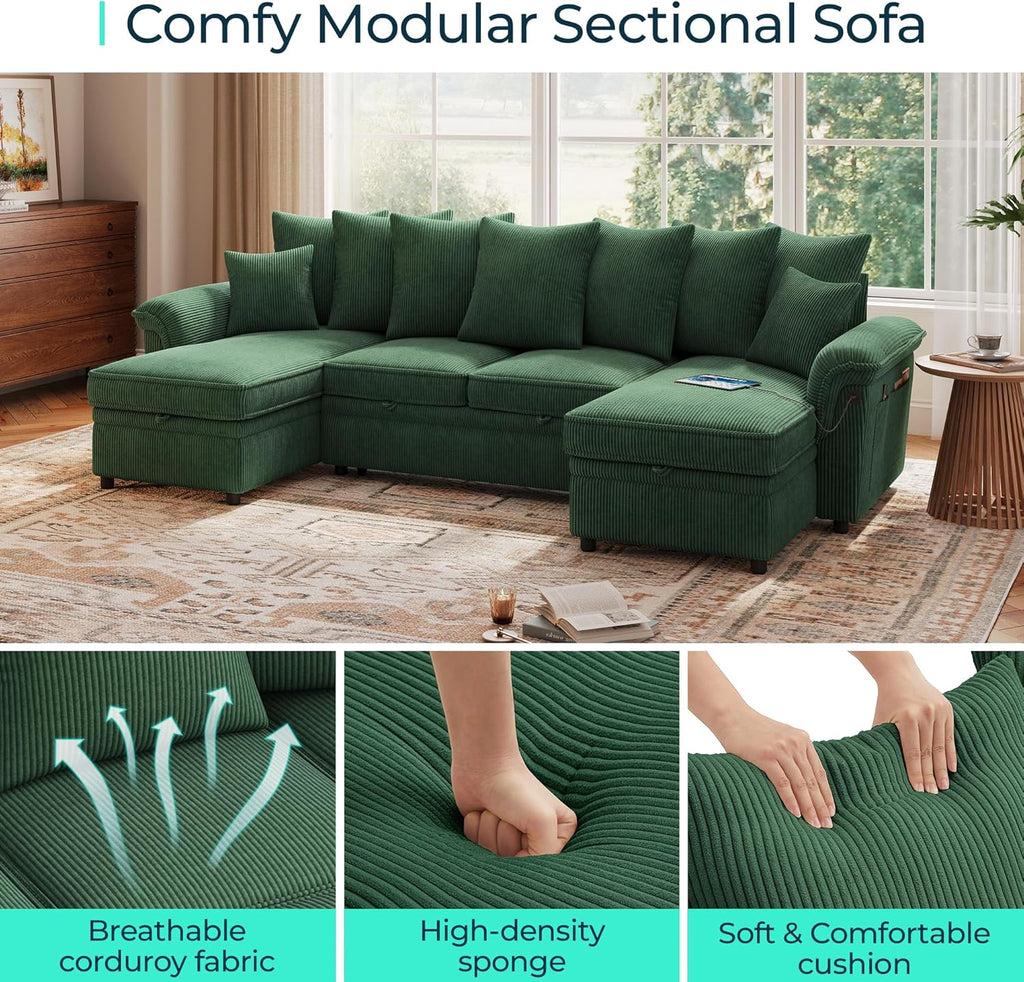 LINSY HOME Oversized Sectional Sleeper Sofa with Pull Out Couch Bed (Green, 118.5'') | USB Charging, Pillow-style Armrest, Multiple Cushions, Storage Chaise, Corduroy Fabric