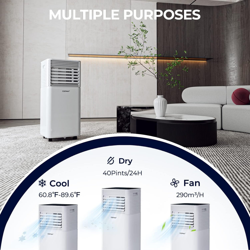 COSTWAY Portable Air Conditioner, 8000 BTU AC Unit Spaces up to 230sq.ft, with Remote Control, 24H Timer & Window Venting Kit, Sleep Mode, Suitable for Bedroom, Living Room, Office (Black, 8000BTU)