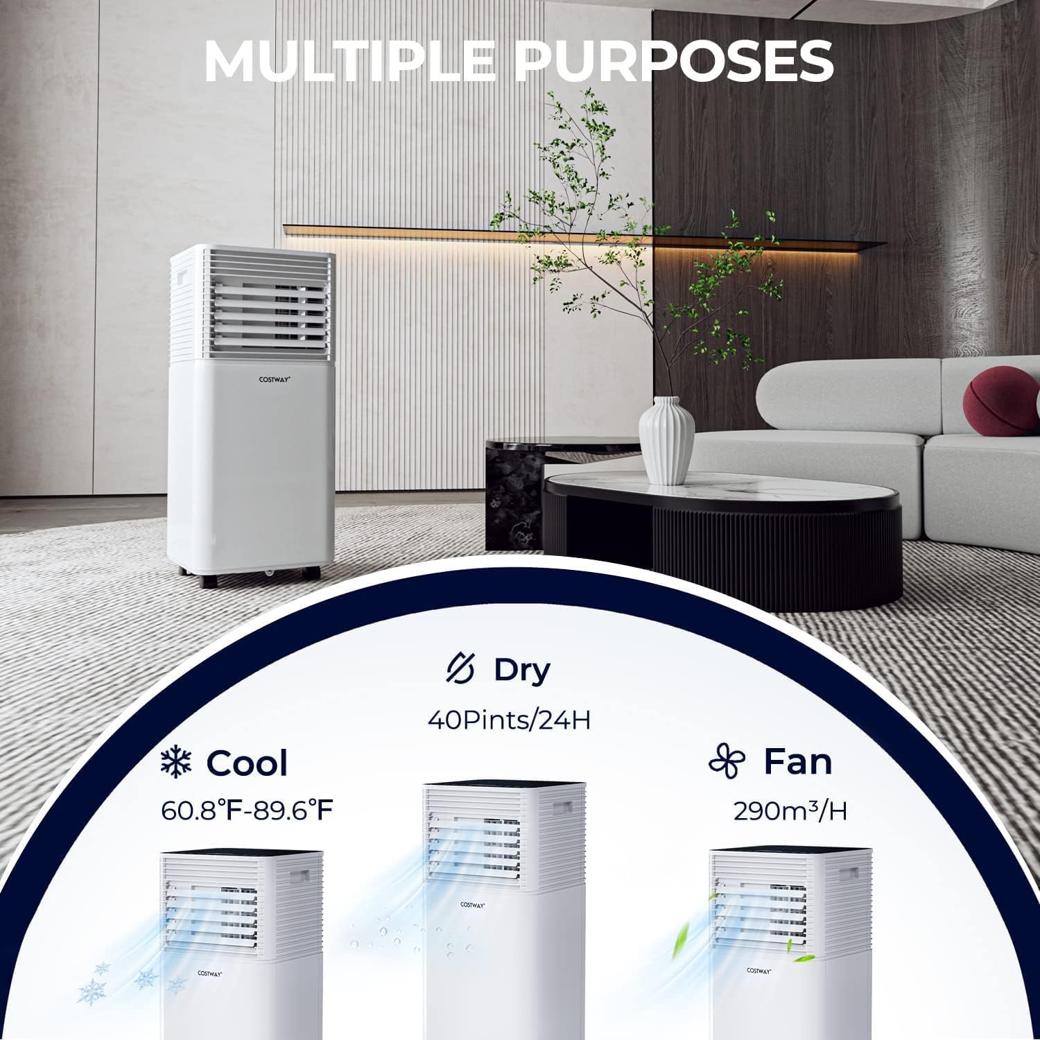COSTWAY Portable Air Conditioner, 8000 BTU AC Unit Spaces up to 230sq.ft, with Remote Control, 24H Timer & Window Venting Kit, Sleep Mode, Suitable for Bedroom, Living Room, Office (Black, 8000BTU)