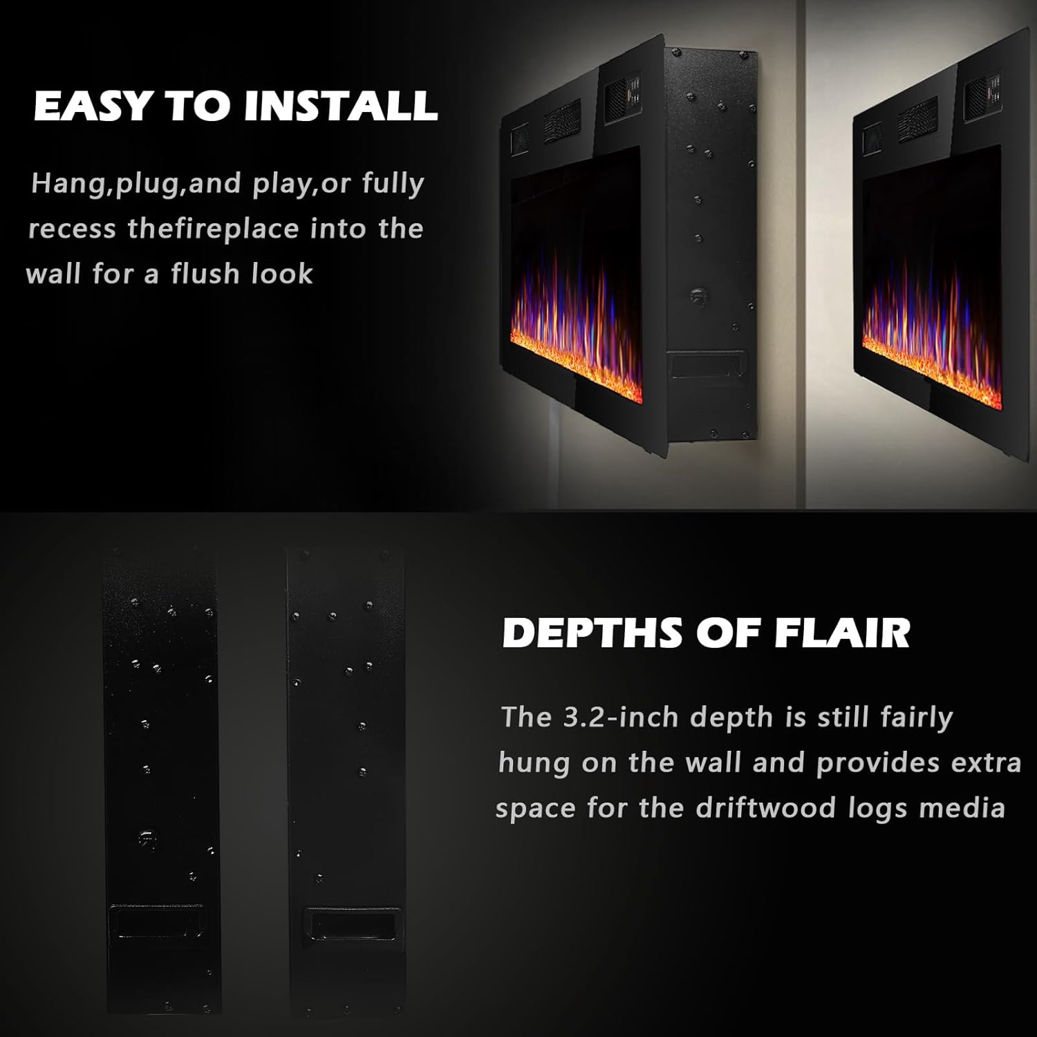 BOSSIN 72 inch Ultra-Thin Silence Linear Electric Fireplace, Recessed Wall Mounted Fireplace, Fit for 2 x 4 and 2 x 6 Stud, 12 Adjustable Flame Color & Speed,Touch Screen Remote Control with 8h Timer