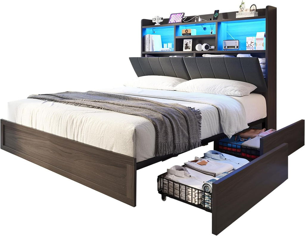 King Farmhouse Bed Frame with Bookcase Headboard and 4 Drawers, LED Storage Bed with Charging Station & Linen Upholstered, No Box Spring Needed,Black