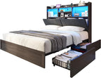 King Farmhouse Bed Frame with Bookcase Headboard and 4 Drawers, LED Storage Bed with Charging Station & Linen Upholstered, No Box Spring Needed,Black