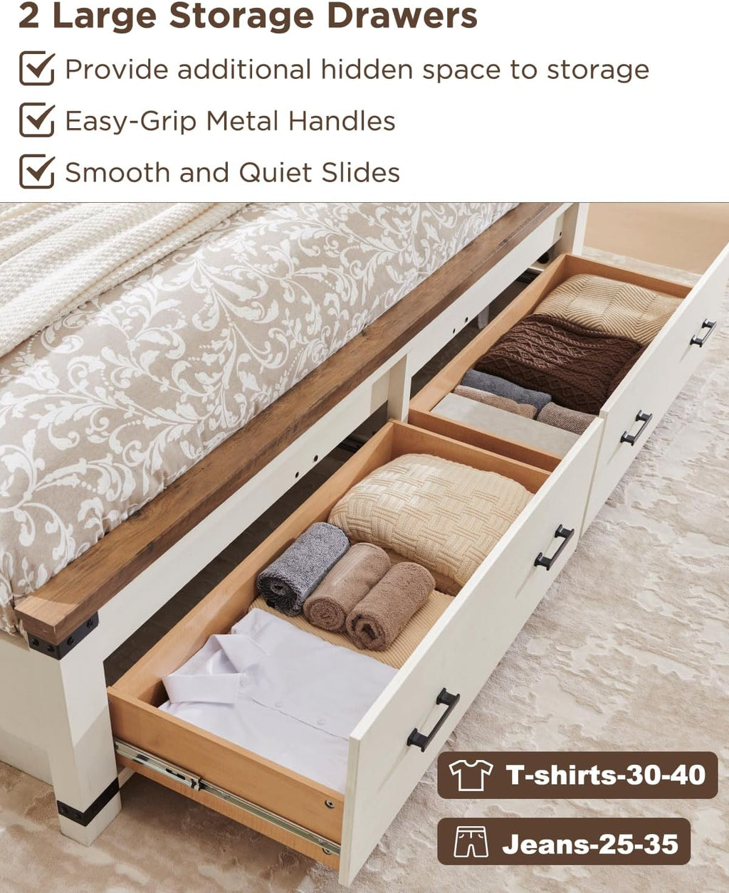 RedLemon Farmhouse King Size Wood Bed Frame with 54" Tall Geometric Headboard, 2 Large Storage Drawers, Solid Wood Slats Support, Noise Free, No Box Spring Needed, Antique White