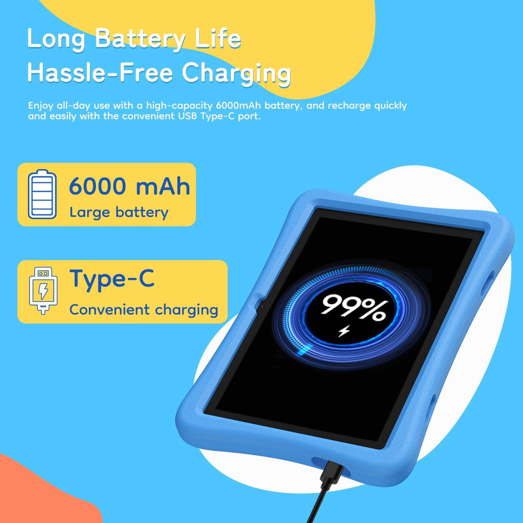 SVITOO Kids Tablet 10 Inch, Android Tablets Toddler Tablet with Parental Controls, 20GB Ram 32GB ROM 1TB Expandable, Dual Camera, 6000mah WiFi 6, Shockproof Eva Case Blue