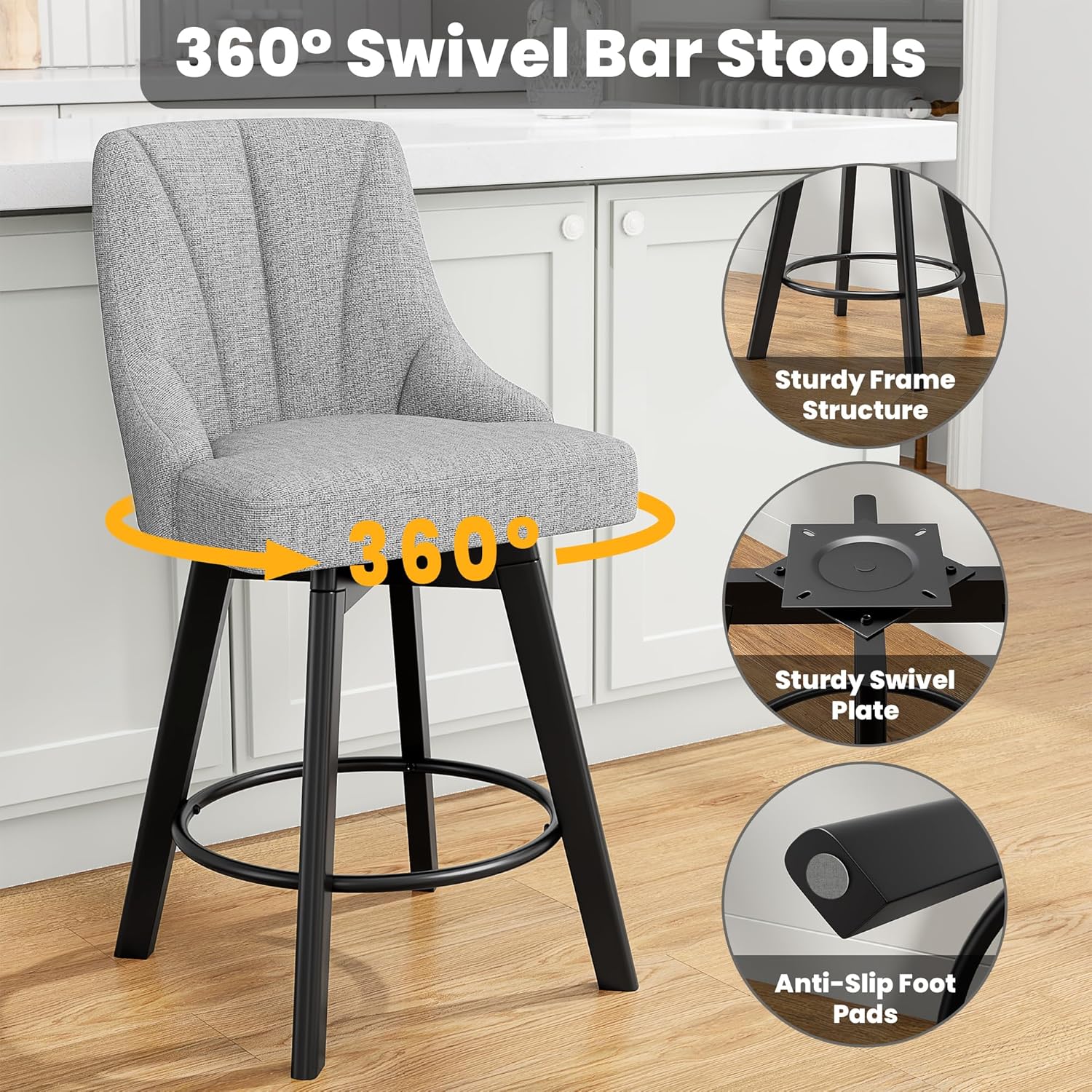 Bar Stools with Backs, 24" Counter Height Bar Stools, Fabric Upholstered Counter Barstools Set of 4 with Solid Wood Legs for Kitchen Island, Home Bar, Light Gray