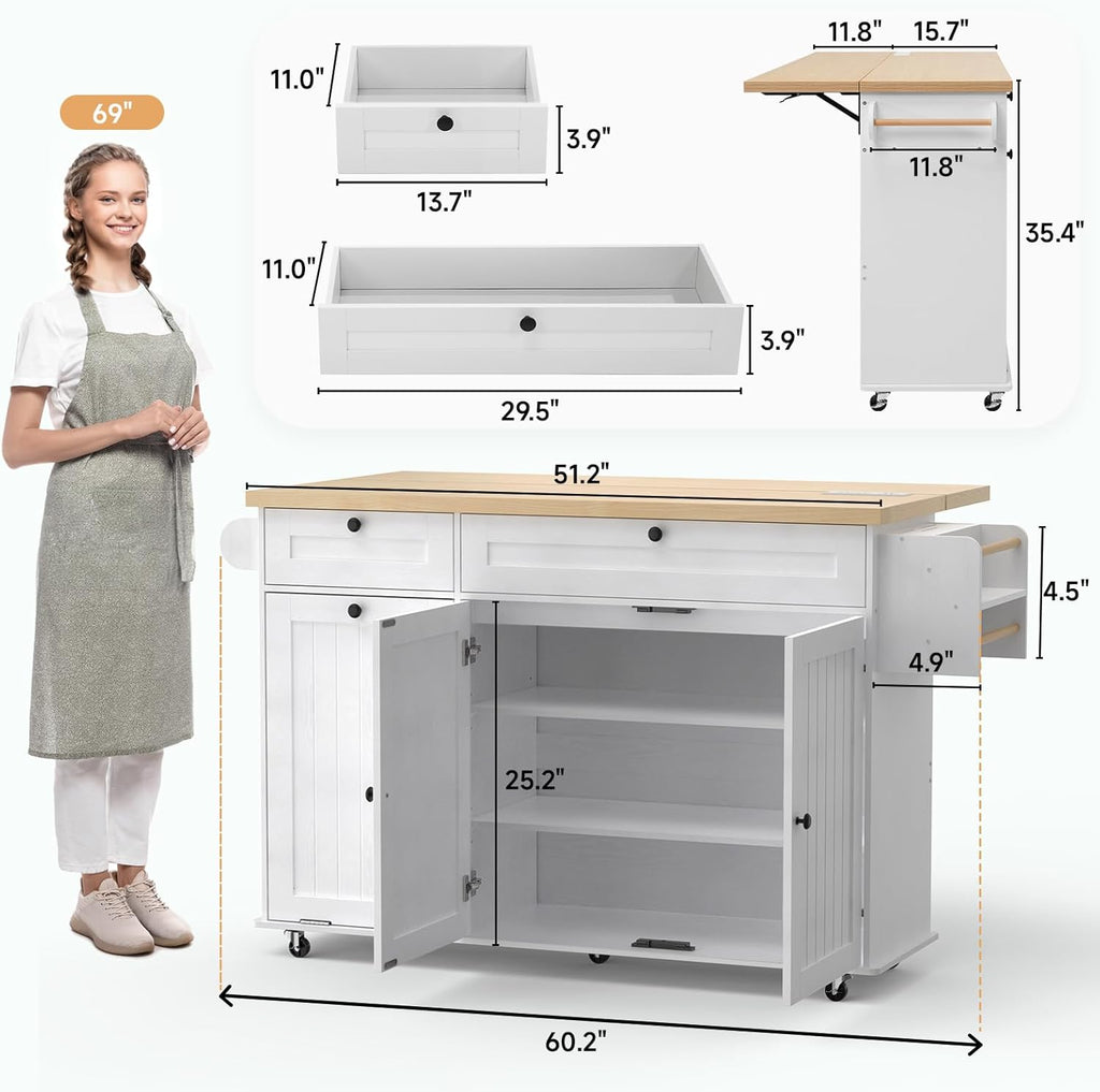 60" Kitchen Island with Power Outlet & Drop Leaf, Kitchen Rolling Island with Spice Rack & Towel Rack, Knife Holder, Kitchen Island Cart with Trash Storage Cabinet, Mobile Island Table for Kitchen