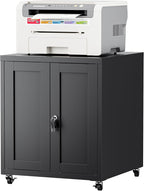 Large Printer Stand with Storage and Lock, 3D Heavy-Duty Printer Cabinet, Printer Table for Home Office with Doors and Adjustable Shelves, for Office Copier and Fax Machine, Black