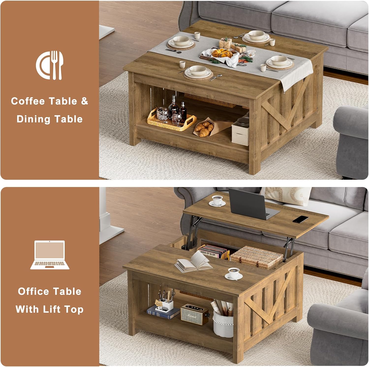 FABATO Lift Top Coffee Table, 31.5" Farmhouse Coffee Tables with Storage, Small Square Cocktail Tables, Wood Central Table for Living Room, Meeting Room, Retro Oak