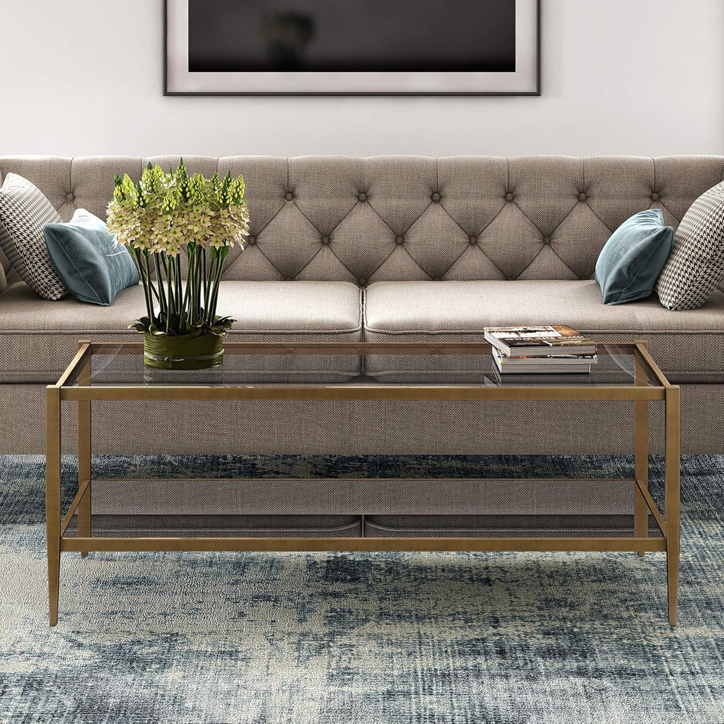Henn&Hart 45" Wide Rectangular Coffee Table with Mirror Shelf in Brass, Coffee Table coffee tables for living room, studio apartment essentials