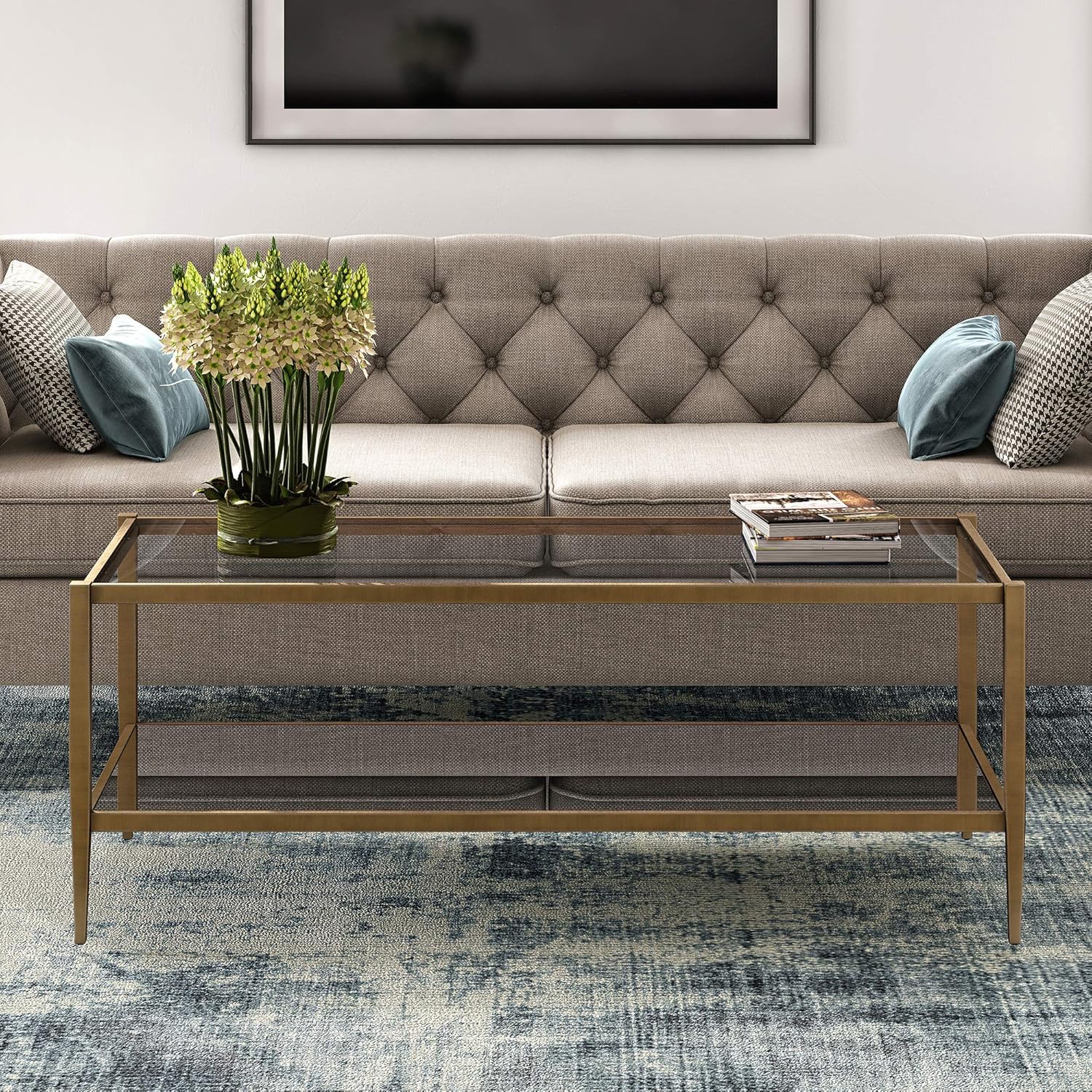 Henn&Hart 45" Wide Rectangular Coffee Table with Mirror Shelf in Brass, Coffee Table coffee tables for living room, studio apartment essentials