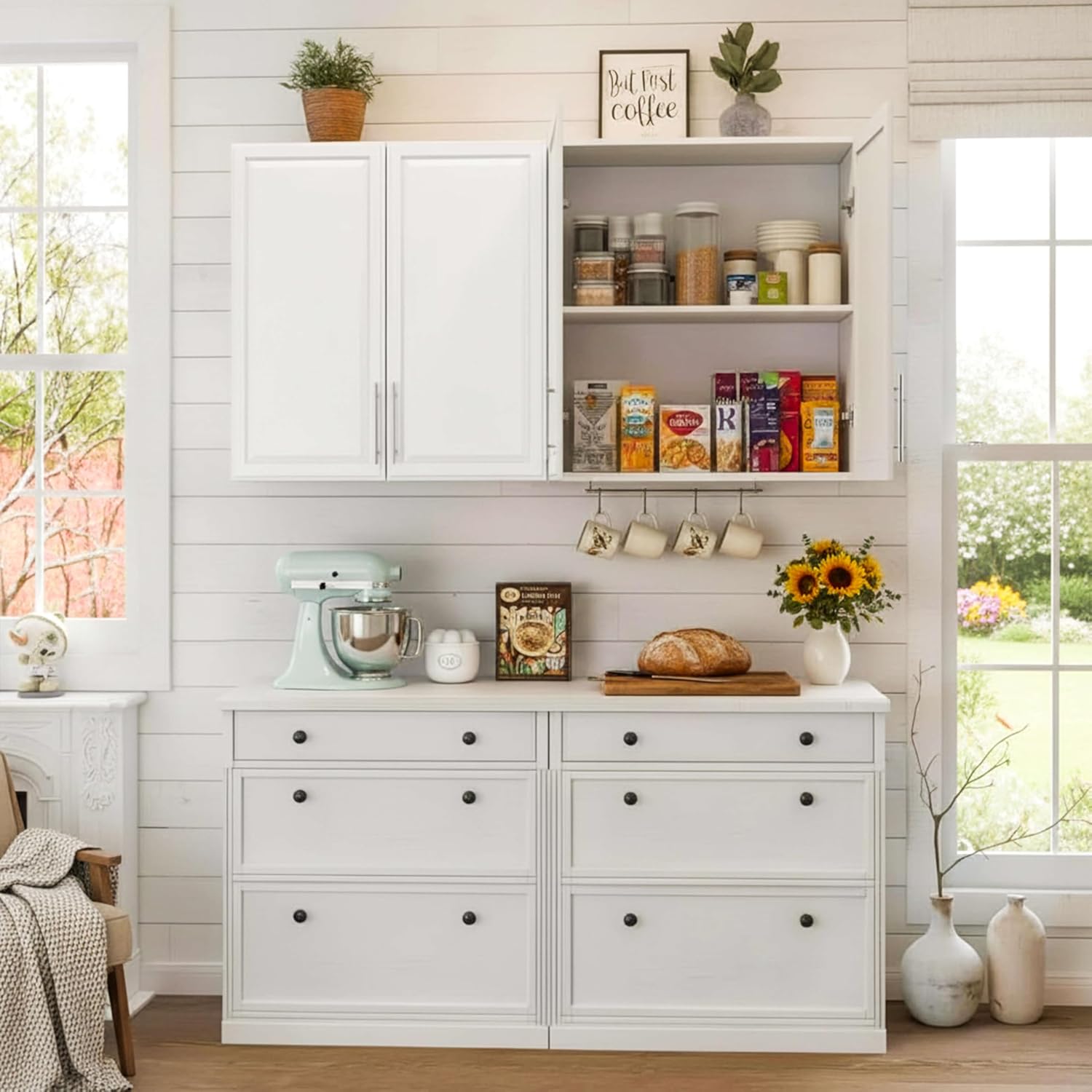 60" W Laundry Room Wall Cabinet with Adjustable Shelf,Wall Mounted Kitchen Cabinets with Two Shaker Doors,Upper Storage for Laundry Room, Bathroom, Kitchen