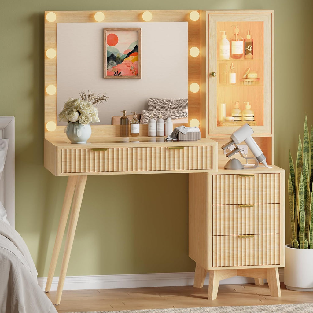 45'' Fluted Makeup Vanity Desk with LED Lights Mirror & Charging Station, Modern Glass Top Vanity Table with 5 Drawers & Glass Cabinet, Dressing Table for Bedroom, Living Room, Oak