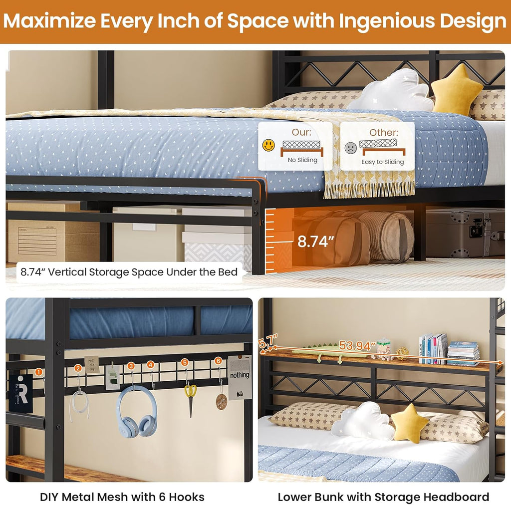 DICTAC Twin Over Full Bunk Bed with Desk,Led Lights and 4 Drawers,Metal Bunk Beds with Storage Headboard and Charging Station,L-Shaped bunk Bed for Kids/Teen with Safety Guardrail and Ladder,Black