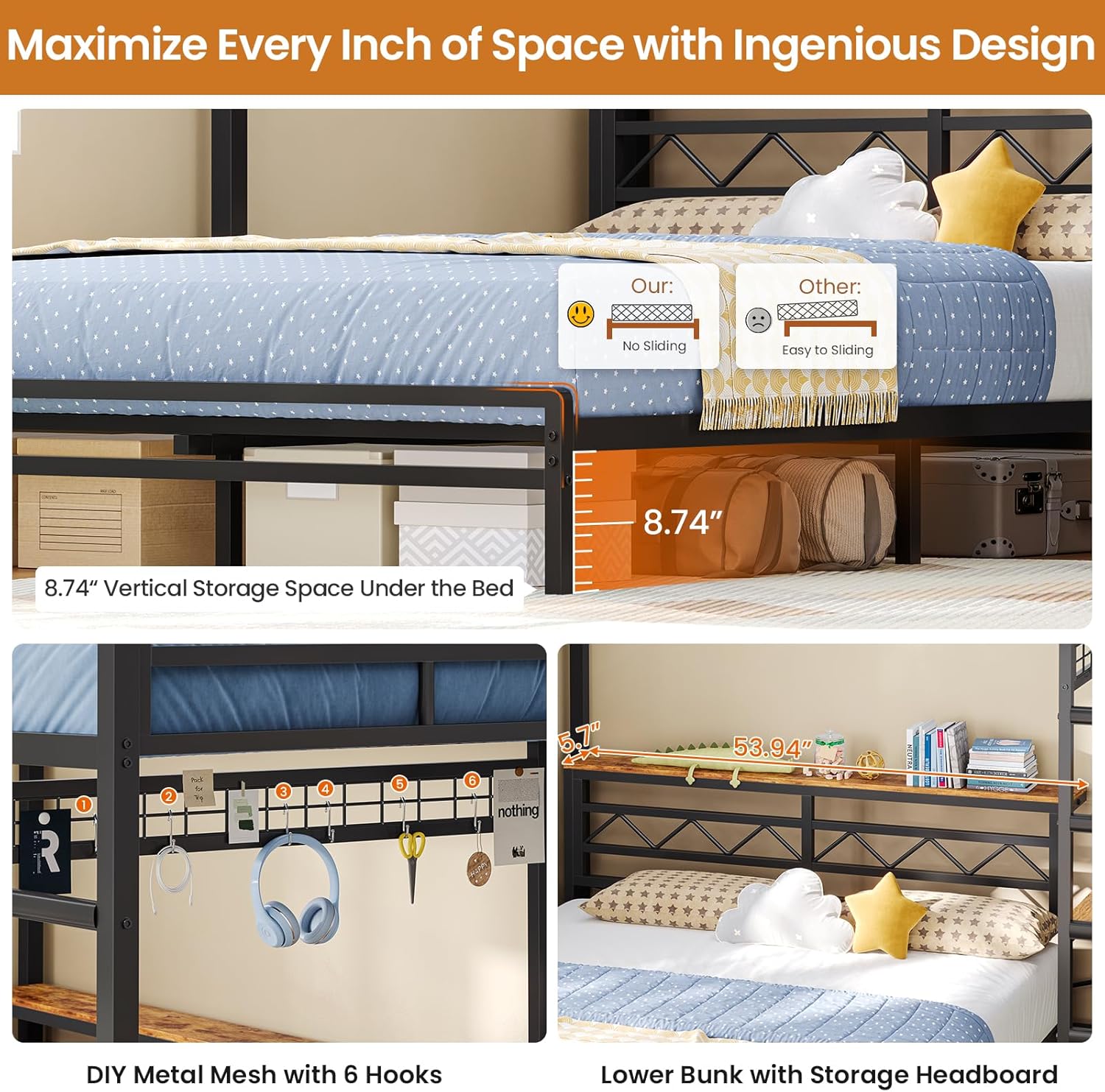 DICTAC Twin Over Full Bunk Bed with Desk,Led Lights and 4 Drawers,Metal Bunk Beds with Storage Headboard and Charging Station,L-Shaped bunk Bed for Kids/Teen with Safety Guardrail and Ladder,Black