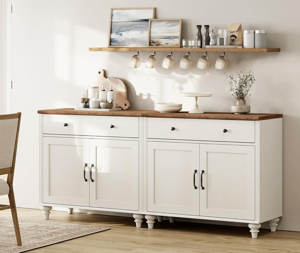 WAMAPT Buffet Cabinet with 8 Doors and 4 Drawers, Large Coffee Bar Table Wood Kitchen Storage Cabinets, Modern Farmhouse Sideboard Credenza for Dining Room, Off White, 136 inch