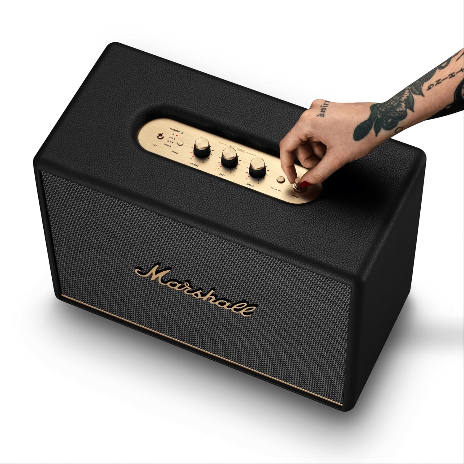 Marshall Woburn III Bluetooth Home Speaker - Loud Stereo Sound with Bass and Treble Controls | Plug-in Powered | Record Player Compatible | HDMI  RCA  3.5 mm Aux Inputs - Black