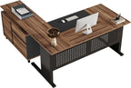 Tribesigns 63-Inch L-Shaped Executive Desk with Storage Shelves, Large Office Computer Desk with Drawers and File Cabinet, Industrial Business Workstation for Home Office, Brown and Black