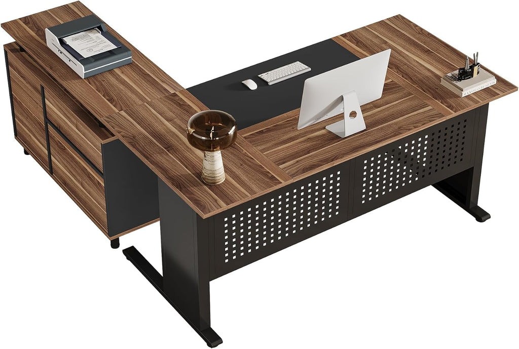 Tribesigns 63-Inch L-Shaped Executive Desk with Storage Shelves, Large Office Computer Desk with Drawers and File Cabinet, Industrial Business Workstation for Home Office, Brown and Black