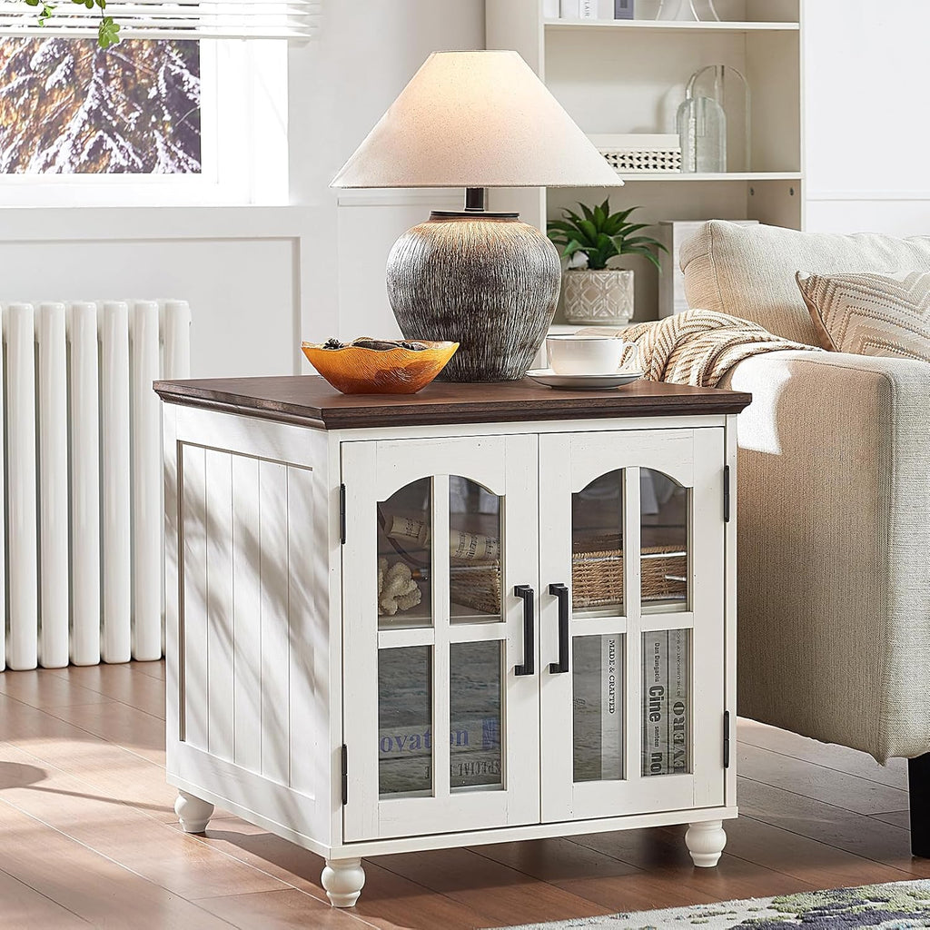 Farmhouse Coffee and end Tables 3-Piece Set,Wood 48" Center Table with 4 Drawers,Large Sofa Side Table with Charging Station & with Glass Barn Door Storage for Home Living Room Hallway,White