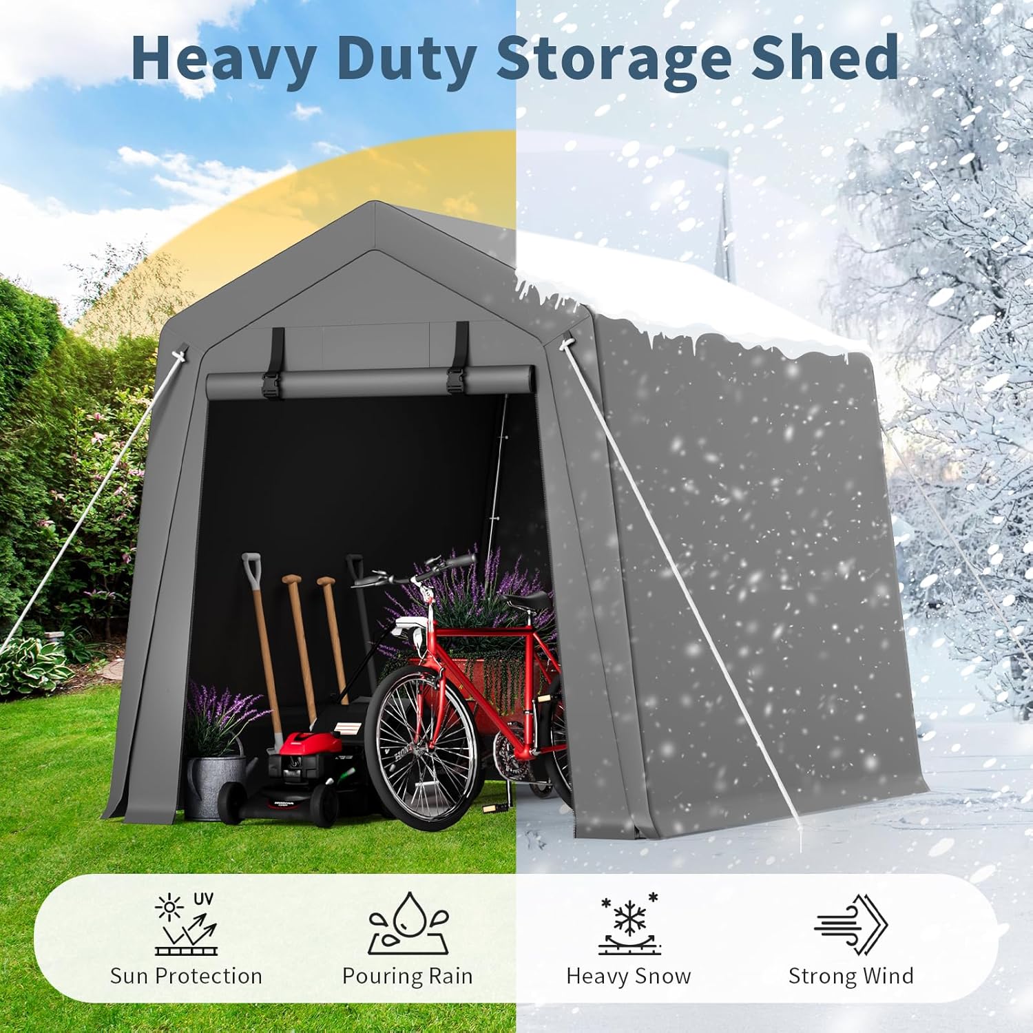 GAOMON 6'x8' Outdoor Portable Garage, Waterproof & UV-Resistant Storage Shed with 2 Roll-Up Doors, Carport Tent for Motorcycle, Bike, and Tools, Gray