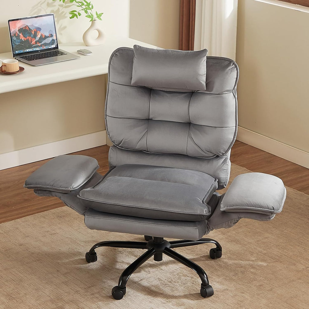 Bestier Criss Cross Chair with Flip-Up Armrests and Headrest, 135° Reclining Swivel Executive Chair with Side Pockets, Big and Tall Computer Desk Chair for Home Office Bedroom, Grey Velvet