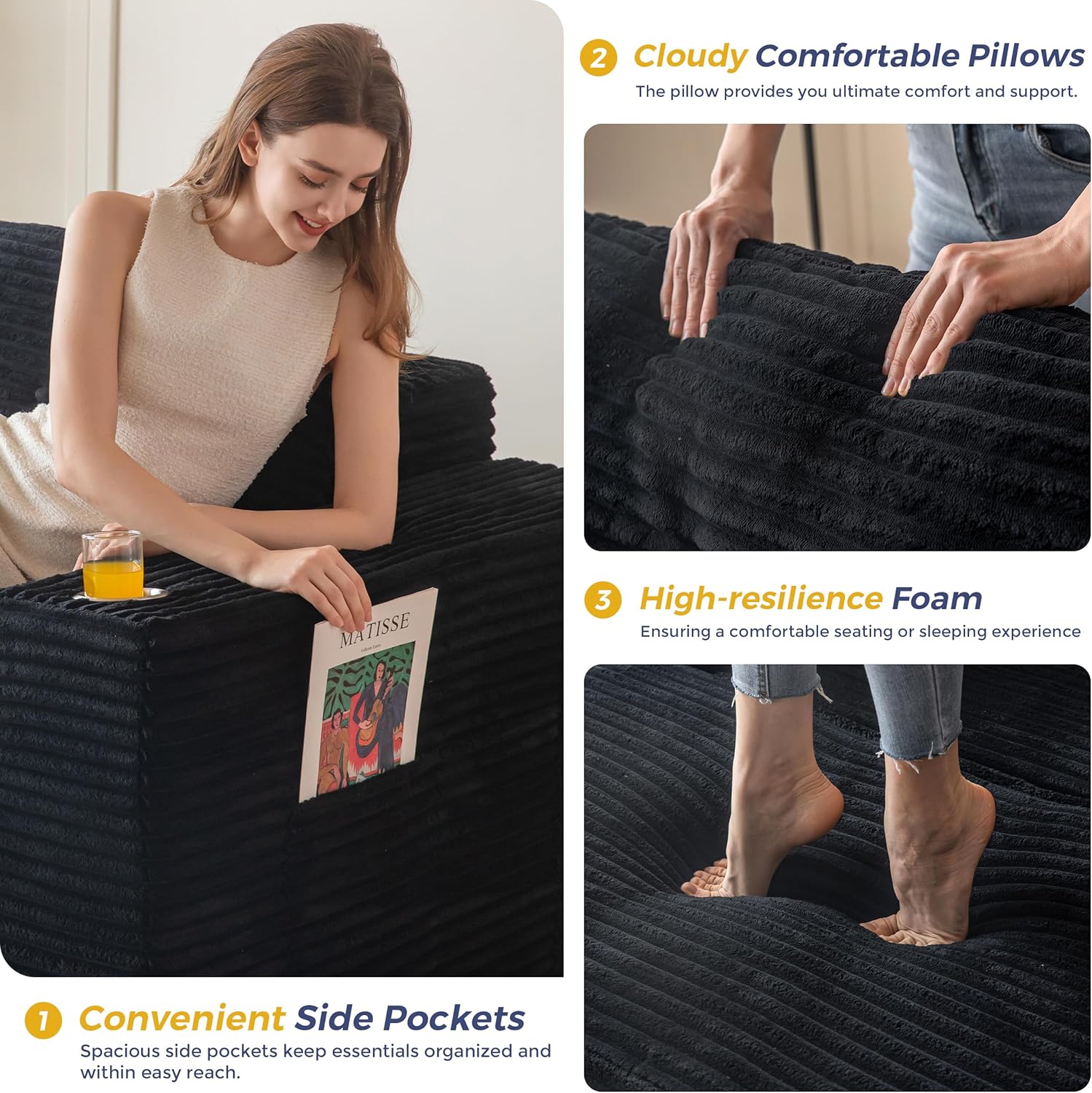 MAXYOYO 104" Modular Sectional Couch with L-Shape Chaise, Modern Boneless Couch for Living Room, Sofa in A Box, Oversized Sofa Sleeper with Deep Seat, No Assembly Required, Black