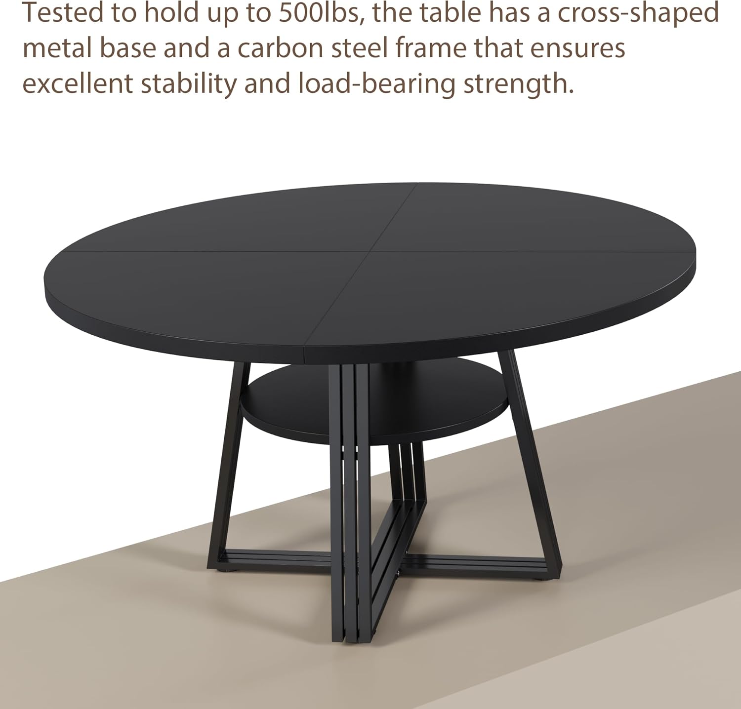GarveeHome 47 Inch Round Dining Table for 4-6, Farmhouse Pedestal Kitchen Table with Storage Shelf, Space-Saving Circle, for Kitchen, Dining Room, Living Room, Apartment, Table Only- Black