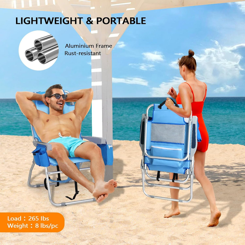 VINGLI Tall Beach Chair 2 Pack Lightweight, Backpack Beach Chair for Adults with 5-Position, Cooler Bag, Cup Holders, Towel Bar, Folding Beach Camping Chairs（16“-Blue）
