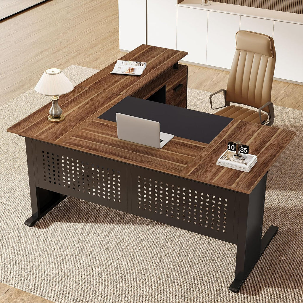 Tribesigns 63-Inch L-Shaped Executive Desk with Storage Shelves, Large Office Computer Desk with Drawers and File Cabinet, Industrial Business Workstation for Home Office, Brown and Black
