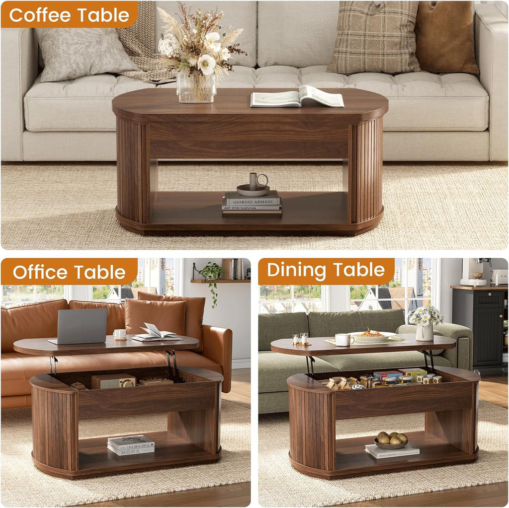 FABATO Oval Lift Top Coffee Table with Storage, Mid Century Modern Coffee Table for Living Room, 2 Tier Center Table with Lift-Top, 41.7" Fluted Wood Table for Reception Room, Home Office, Walnut