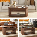 FABATO Oval Lift Top Coffee Table with Storage, Mid Century Modern Coffee Table for Living Room, 2 Tier Center Table with Lift-Top, 41.7" Fluted Wood Table for Reception Room, Home Office, Walnut