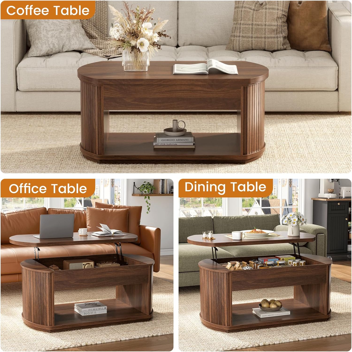 FABATO Oval Lift Top Coffee Table with Storage, Mid Century Modern Coffee Table for Living Room, 2 Tier Center Table with Lift-Top, 41.7" Fluted Wood Table for Reception Room, Home Office, Walnut