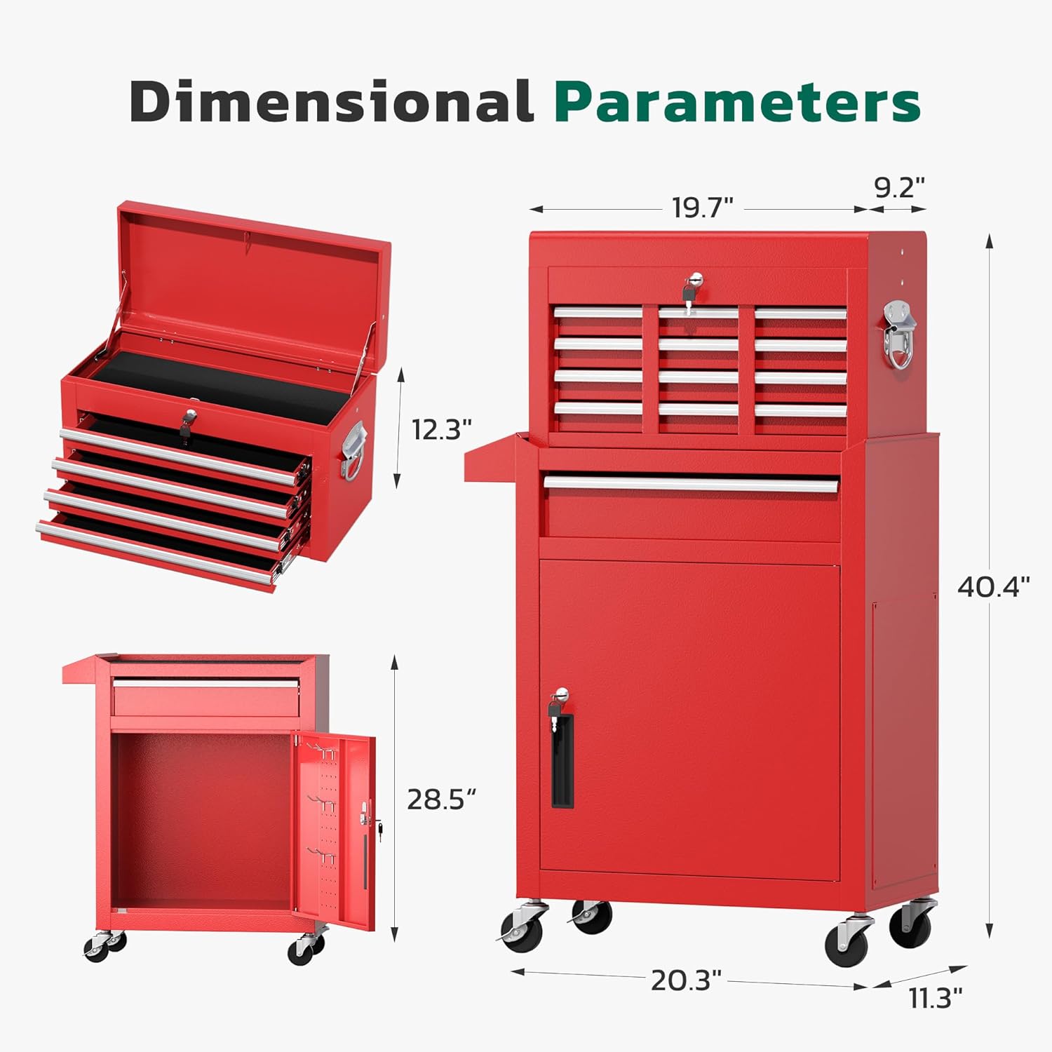 Greenvelly Tool Chest, 5-Drawer Rolling Tool Chest with Hooks and Lockable Wheels, Detachable Top Tool Box, Toolbox with Wheels, Rolling Tool Box for Mechanics Garage Workshop and Tool Room (Red)