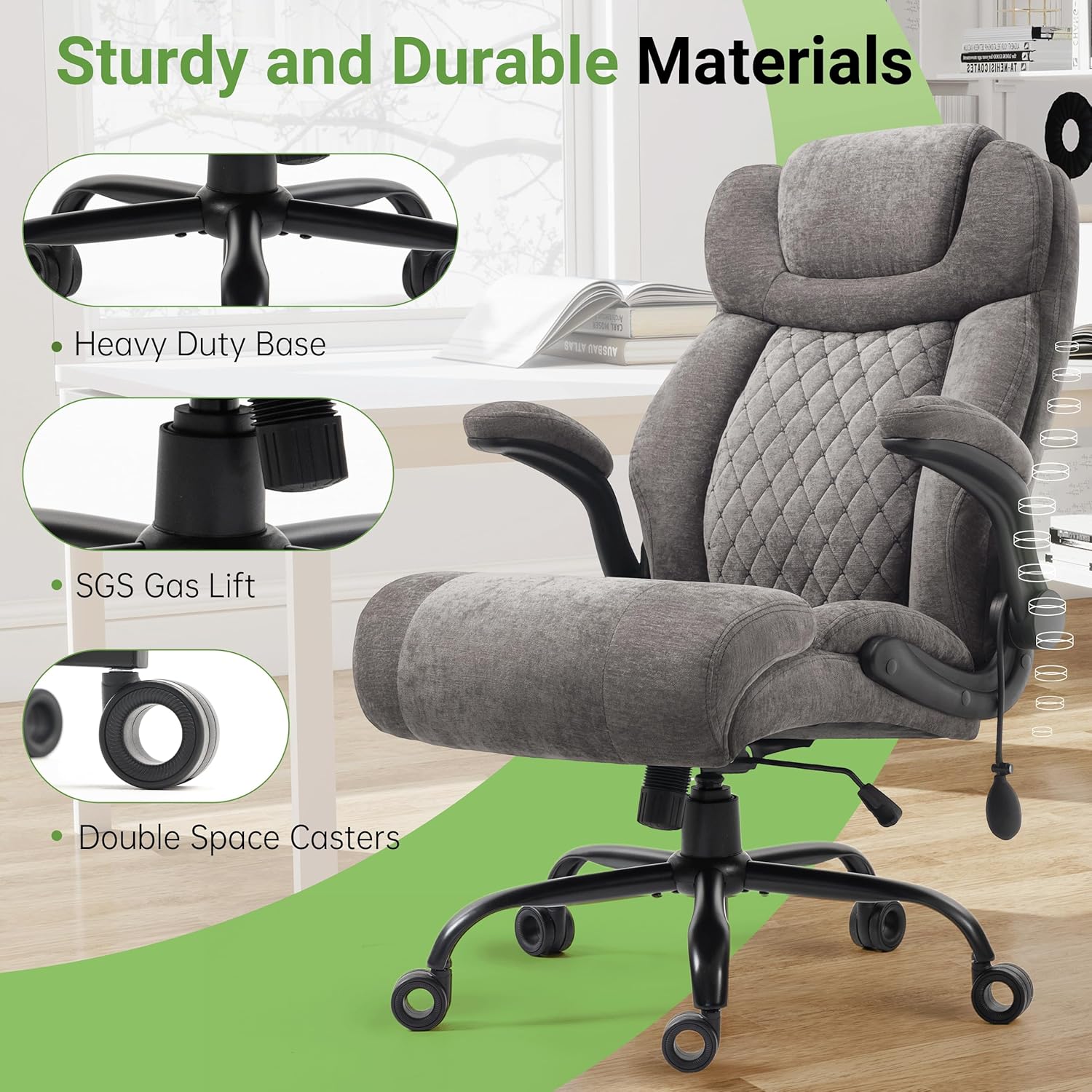 Office Chair, Big and Tall Executive Chairs with Lumbar Support for Back Pain, Breathable Fabric Desk Computer Chair with Adjustable Flip-up Armrests,Wide Cushion Swivel Home Office Chair Black,Grey