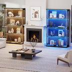 Large Rounded Display Cabinet with Glass Door, 4-Tier Curio Cabinet with 3 Color Lights for Collectibles, Glass Display Case with Transparent Full-Display Surface, Human Body Sensor, Black
