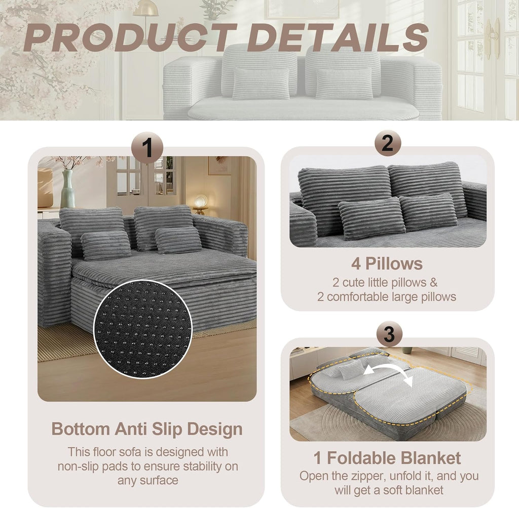 75'' Folding Sleeper Sofa Bed, Convertible Memory Foam Boneless Couch, Foldable Full Size Guest Bed, Modern 2-in-1 Futon Floor Sleeper Sofa with 4 Pillows and Blanket (Corduroy, Gray)