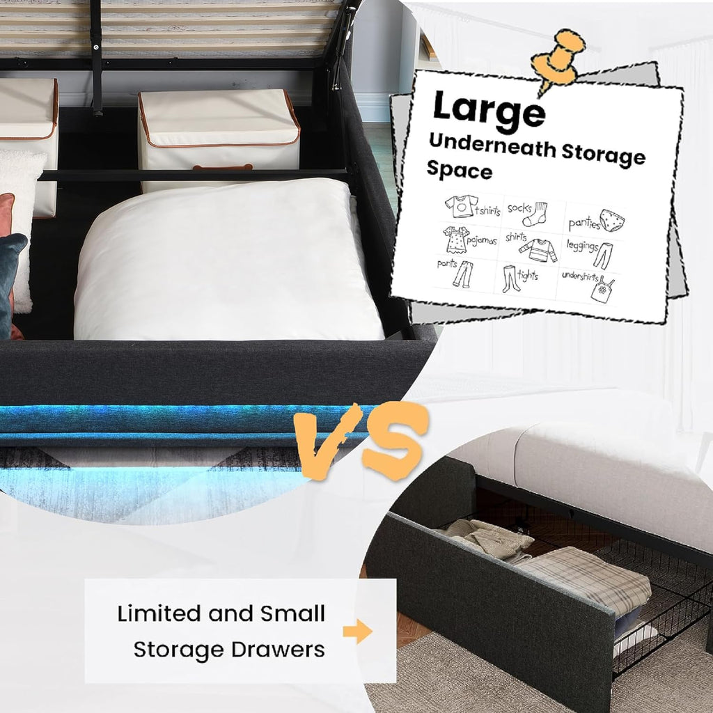 Lift Up Storage Bed Full, Bed Frame Full Size with Charging Station & Led Lights, Upholstered Storage Bed with Wingback 2-Tier Bookcase Headboard, Hydraulic Lift, No Box Spring Needed,Black | lift up bed, breathable material