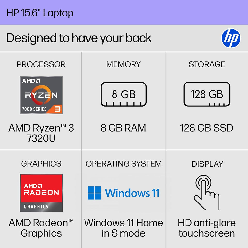 HP 15.6 inch Laptop  HD Touchscreen Display  AMD Ryzen 3 7320U  8 GB RAM  128 GB SSD  AMD Radeon Graphics  Windows 11 Home in S Mode  Natural Silver  15- fc0099nr