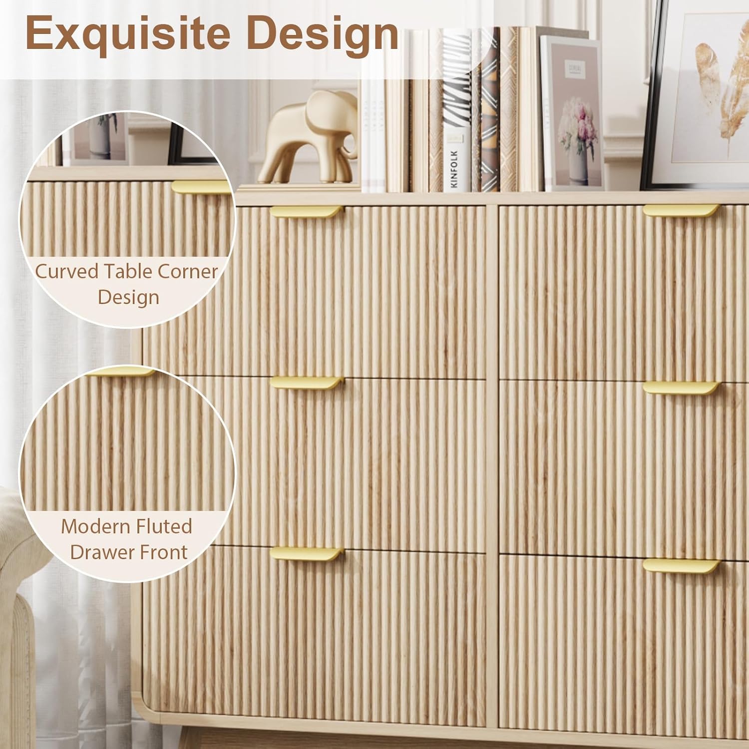 QUW Fluted 59.1" Wide Modern Dresser for Bedroom with 9 Drawers, Tall Chest of Drawers with Metal Handle, Wooden Dresser TV Stand, Hallway, Living Room, Natural Oak